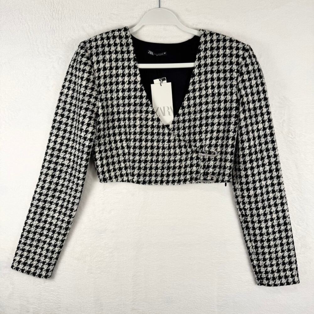 Zara Houndstooth Tweed Crop Top Rhinestone Safety Pin Party Blazer M NWT
